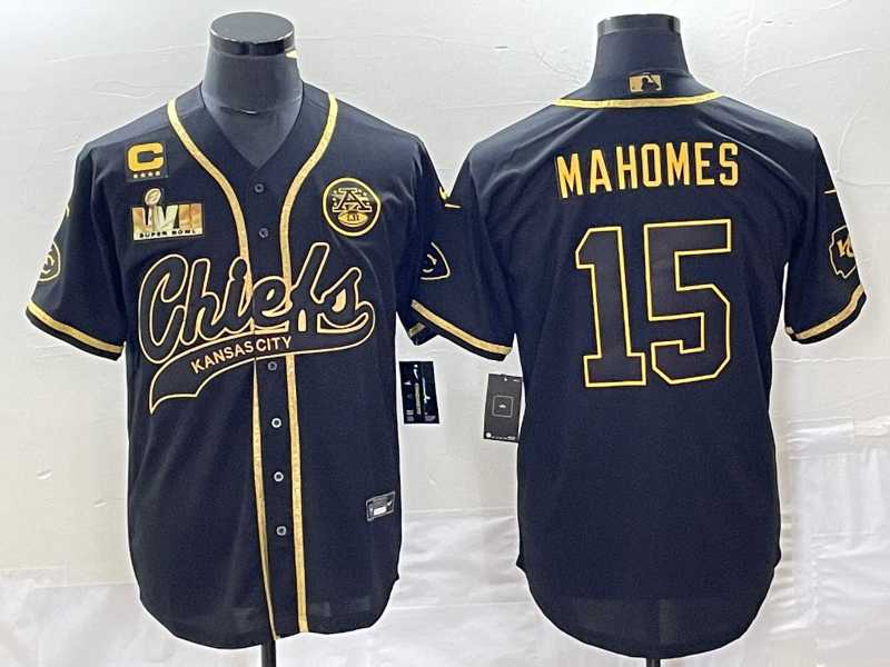 Mens Kansas City Chiefs #15 Patrick Mahomes Black Gold C Patch Super Bowl LVII Cool Base Stitched Baseball Jersey